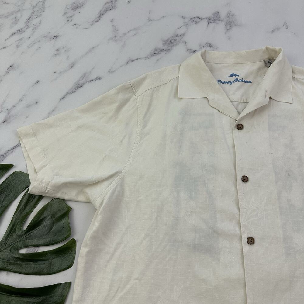 Tommy Bahama Tiki Lounge Embroidered Hawaiian Shirt Size L Cream Silk Tropical - Picture 5 of 13